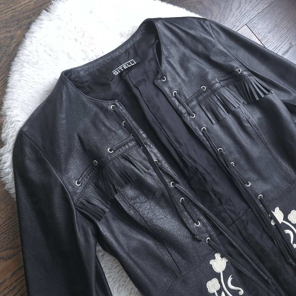 Vintage Euro Y2K Leather Floral Embroidered Fringe Lace Up Jacket - Picture 3 of 7